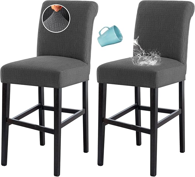 H.VERSAILTEX 100% Waterproof Bar Stool Covers Stretch Washable High Chair Cover for Dining Room Chair Removable Counter Stool Pub Chair Slipcover Seat Covers Jacquard Crizzle Pattern Set of 2, Grey