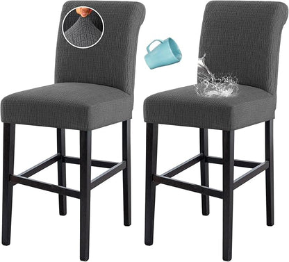 H.VERSAILTEX 100% Waterproof Bar Stool Covers Stretch Washable High Chair Cover for Dining Room Chair Removable Counter Stool Pub Chair Slipcover Seat Covers Jacquard Crizzle Pattern Set of 2, Grey