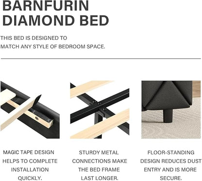 BarnFurin Twin Bed Frame with Headboard, Upholstered Bed with Diamond Tufted Design, Kids Bed Frame with Wooden Slats Support, No Box Spring Required, Easy Assembly, Black