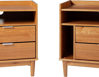 Walker Edison Blythe Mid-Century Modern Tray-Top Storage Nightstands Set of 2 Caramel