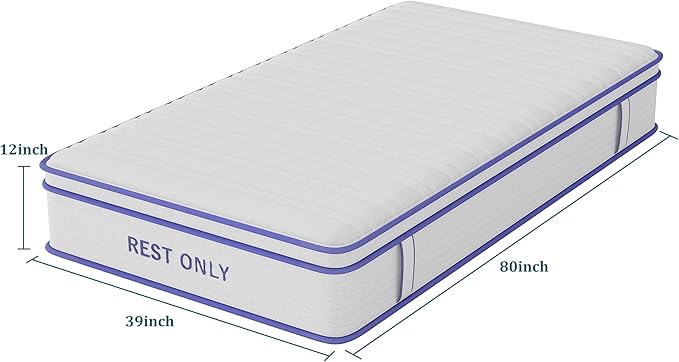 Twin XL Mattress 12 Inch, Rest Only Hybrid Twin Mattress in a Box, Memory Foam with Pocket Springs, Medium Firm, Motion Isolation, Pressure Relief, for Kid's Room