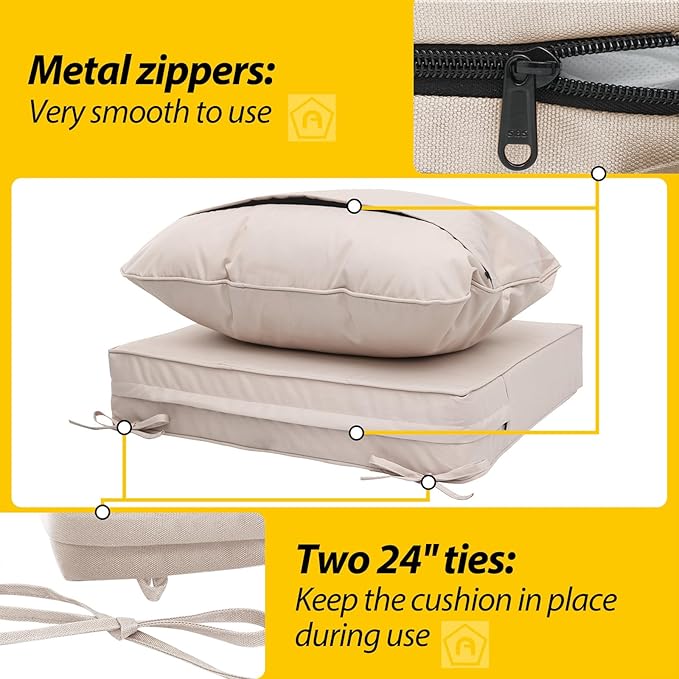 AAAAAcessories Outdoor Deep Seat Cushions, Waterproof, Fade-Resistant Patio Furniture Replacement Cushions, 23.5" x 25.5" x 5" + 23.5" x 19", Set of 2, Khaki Beige