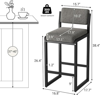 Bar Stools Set of 3, Fabric Counter Height Bar Stools with High Back and Metal Legs, Upholstered Bar Chairs, 26" Modern Barstools for Kitchen Island, Grey