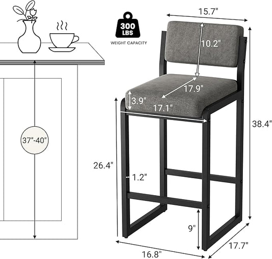 Bar Stools Set of 3, Fabric Counter Height Bar Stools with High Back and Metal Legs, Upholstered Bar Chairs, 26" Modern Barstools for Kitchen Island, Grey