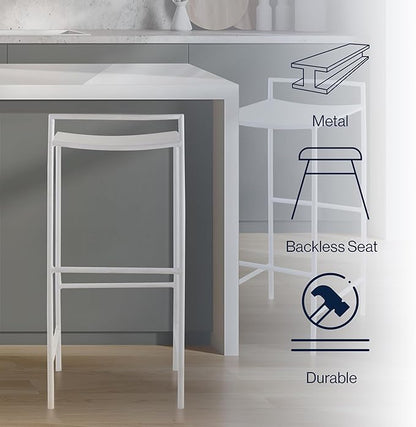 JONATHAN Y BSL1004B Svelte 30" Coastal Contemporary Iron Saddle-Seat Low-Back Bar Stool with Foot Rest for Home, Kitchen, Dining Room, Workspaces, Cafes and Resturants, White Frame