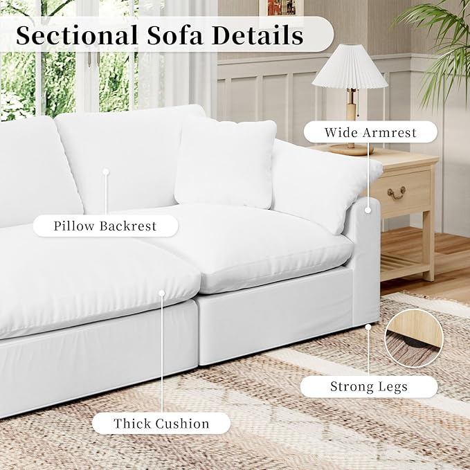 Modular Sectional Sofa Cloud Couch,Down Filled Comfy Cloud Modern Sofa,White Linen Oversized Couch Cushion Covers Removable for Living Room