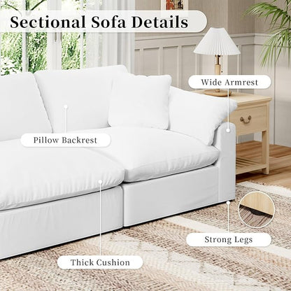 Modular Sectional Sofa Cloud Couch,Down Filled Comfy Cloud Modern Sofa,White Linen Oversized Couch Cushion Covers Removable for Living Room