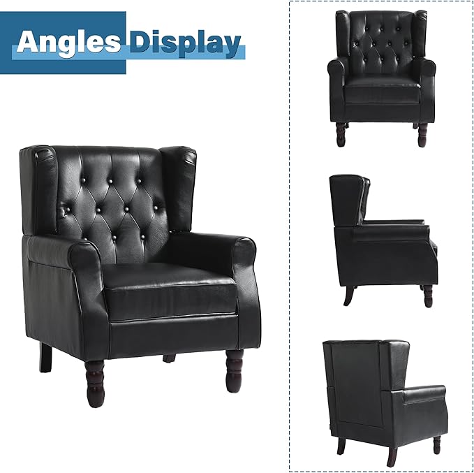 High Back Accent Chair, Faux Leather High Wingback Chair for Living Room, Button-Tufted Upholstered Armchair with Solid Wood Legs, Comfy Single Sofa Reading Chair for Bedroom, Black