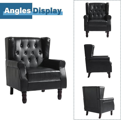 High Back Accent Chair, Faux Leather High Wingback Chair for Living Room, Button-Tufted Upholstered Armchair with Solid Wood Legs, Comfy Single Sofa Reading Chair for Bedroom, Black