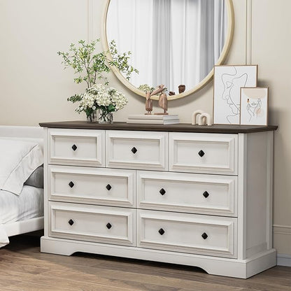 Farmhouse 7 Drawer Dresser for Bedroom, 54" Wide Wooden Dresser with Natural Texture & Vintage Metal Knobs, Large Chest of Drawers for Bedroom, Living Room, Hallway, Antique White