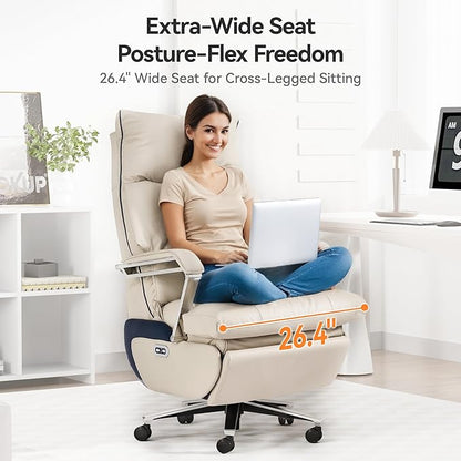 M80A Dual Motor Electric Executive Office Chair with Footrest, Comfortable Reclining Office Chair Wide Seat, Big and Tall Ergonomic Leather Home Office Desk Chair (Beige,No Massage)