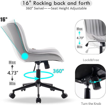 YOUNIKE Grey Home Office Desk Chair with Wheels Comfy Armless Vanity Chair with Back Modern Leather Upholstered Rolling Computer Task Chair Small Cute Drafting Sewing Chair Swivel Adjustable Ergonomic