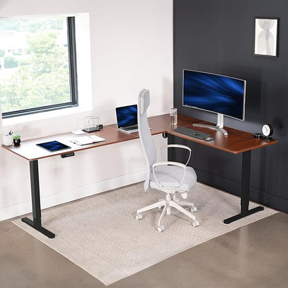 VIVO Corner Standing Desk, 84 x 63 inch Reversible L-Shaped Workstation, Electric Height Adjustment, Home, Office, and Reception Rooms, Dark Walnut Table Top Black Frame, DESK-E3CTBD-84