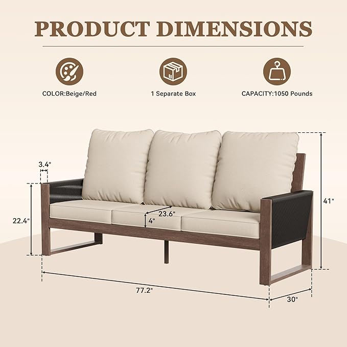 Patio Furniture 3 Seater Sofa Cedar Wood Indoor&Outdoor Couch, Outside Deep Seat High Back Porch Sofa