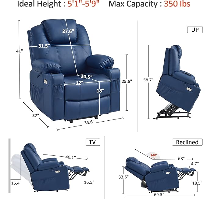 MCombo Electric Power Lift Recliner Chair Sofa with Massage and Heat for Elderly, 3 Positions, 2 Side Pockets, and Cup Holders, USB Ports, Faux Leather 7040 (Blue, Medium)
