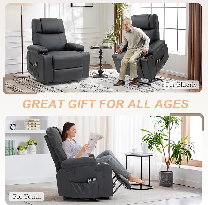 Power Lift Recliner Chair for Elderly, Electric Stand Assist Reclining Chair with Massage and Heat Function, Leather Living Room Furniture, Comfy Single Sofa with Cup Holders, Side Pockets, Black