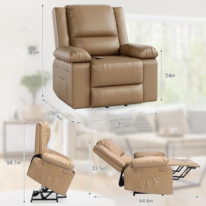 PU Leather Electric Power Lift Chair, Recliner Massage Chair with Remote Control and Side Pocket for Elderly, Power Lift Recliner Sofa with Heat and Massage for Living Room, Earthy Yellow