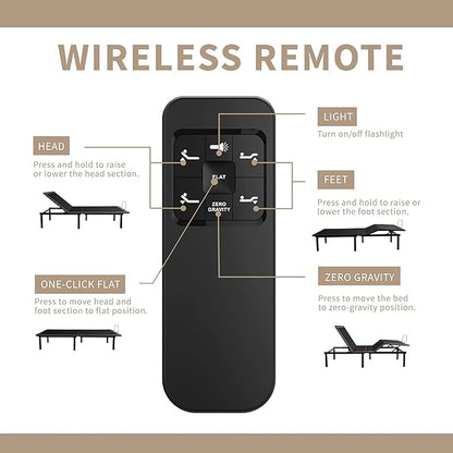 Queen Adjustable Bed Base Frame with Wireless Remote + 10 Inch Queen Green Tea Gel Memory Foam Mattress Bed in a Box, Head and Foot Incline, Zero Gravity, Fiberglass Free, 80" × 60"