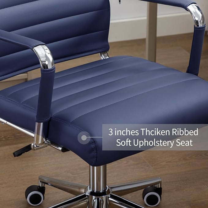 Office Desk Chair Leather, Conference Room Chairs with Wheels, Executive Modern High Back Ergonomic Swivel Rolling Ribbed Computer Chair