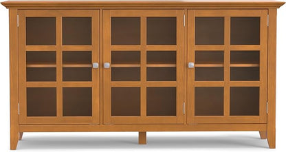 SIMPLIHOME Acadian SOLID WOOD 62 inch Wide Transitional Wide Storage Cabinet in Light Golden Brown for the Living Room, Entryway and Family Room