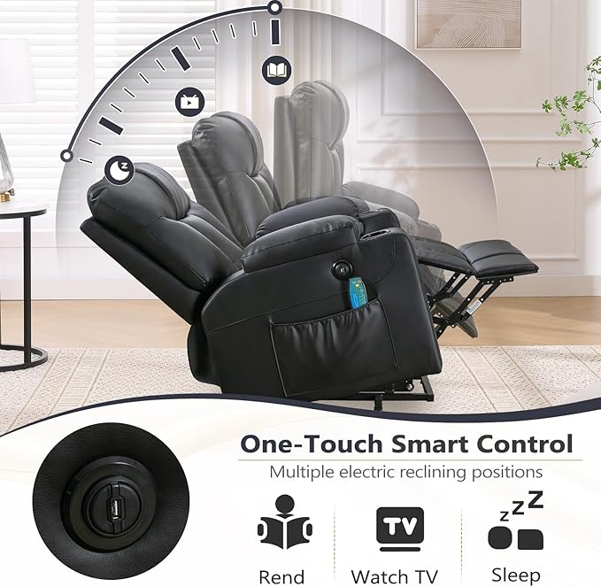 ANJ Black Power Lift Recliner Chair for Elderly with Heat & Massage, Faux Leather Electric Recliner Sofa with USB Port, Cup Holders & Side Pockets, Heavy Duty Reclining Chair for Seniors