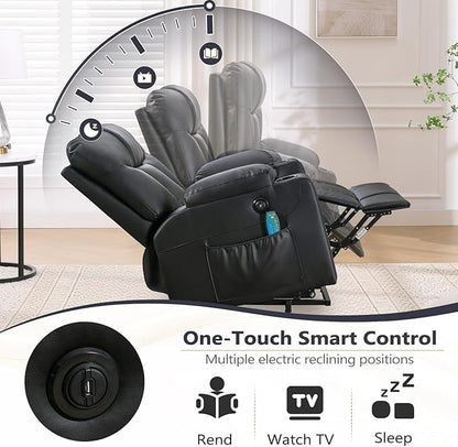 ANJ Black Power Lift Recliner Chair for Elderly with Heat & Massage, Faux Leather Electric Recliner Sofa with USB Port, Cup Holders & Side Pockets, Heavy Duty Reclining Chair for Seniors