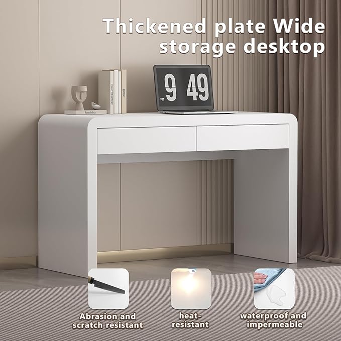 47-Inch Office Desk with Pull-Out Outlet, Computer Desk with 2 Sturdy Drawers, Writing/Gaming/Work/Study Desk for Bedroom, Living Room & Home Office, Brow (White, 47.2)