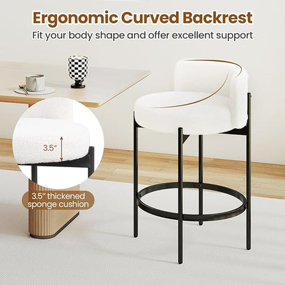 COSTWAY Counter Height Bar Stools Set of 2, 24.5 Inch Boucle Modern Barstools w/Curved Backrest, Metal Frame, Comfy Footrest, Upholstered Island Chairs for Dining Room, Kitchen, Cafe, 400 LBS Max Load