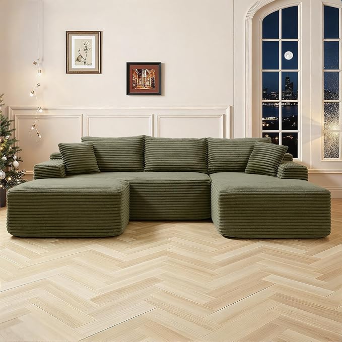 108 Inch Cloud Sectional Couch,Modern Modular Sectional Sofa with Deep Seat,Corduroy Boneless Couches with L-Shape Chaise for Living Room,No Assembly Required (Green, Left Facing Chaise + Ottoman)