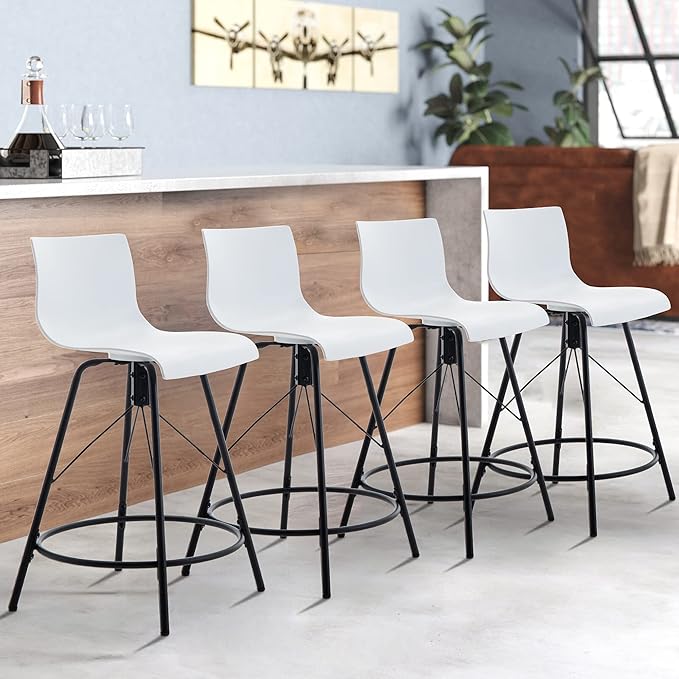 annjoe Swivel Bar Stools Metal Counter Height Stools Plastic Seat Chairs Set of 4 for Indoor Outdoor Home Kitchen Business (24" White)