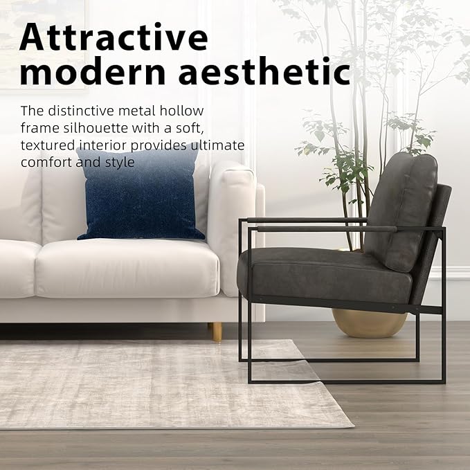 INZOY Leather Accent Chair with Metal Frame, Comfy Living Room Chair with Plump Backrest and Cushion, Mid Century Modern Chair with Sturdy Structure, Easy to Clean, Dark Grey