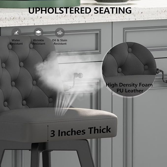MINCETA Bar Stools Set of 4, PU Leather Barstools, 26 Inch Upholstered Counter Stools with Low Tufted Back and Footrest, Swivel Counter Height Barstools for Kitchen Island Home Bar Dark Gray