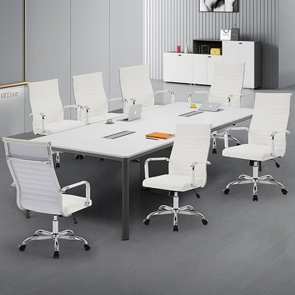 Conference Room Chairs, Ergonomic Executive Office Chair, Ribbed Leather Desk Chair with Lumbar Support, Adjustable Height Mid-Back Swivel Chair with Padded Seat