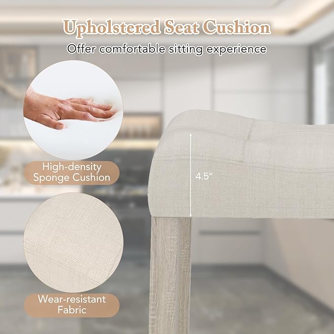 COSTWAY Wooden Saddle Stools Set of 4, 24-inch Counter Height Upholstered Backless Bar Stools with Solid Rubber Wood Legs, Padded Seat, Farmhouse Dining Chairs for Kitchen Island, Cafe, Beige