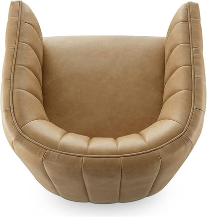 CHERS Rivet Mid-Century Modern Swivel Armchair, Channel-Tufted Faux Leather Accent Chair, 360-Degree Rotating Lounge Chair with Ergonomic Design for Living Room, Bedroom, Home Theater, Nude