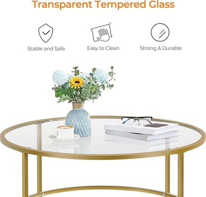 Yaheetech Gold Glass Coffee Table for Living Room, 36" Round Glass Coffee Table with Metal Frame, Circle Coffee Table for Home, Office, Apartment