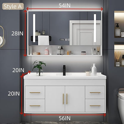 56IN Modern Bathroom Vanity - LED Intelligent Mirror Cabinet Includes Time Display & Defogging | Bathroom Cabinet with Sink & Open Storage Compartments, Ceramic Washbasin, 4 Drawers (Style A)