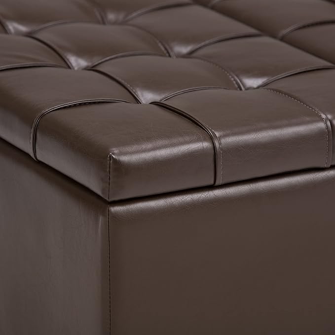 SIMPLIHOME Harrison 36 inch Wide Transitional Square Coffee Table Storage Ottoman in Chocolate Brown Vegan Faux Leather, Assembled, For the Living Room and Bedroom