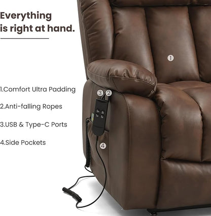 PARKOL Dual Motor Power Lift Recliner Chair for Elderly, 180-Degree Infinite Position Lay Flat Leather Recliner Chairs, with Massage and Heating, USB & Type-C Port and Remote (Ochre, Medium)