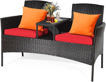 COSTWAY 2-Seat Patio Conversation Sets, Outdoor Patio Loveseat Set with Removable Cushions & Built-in Coffee Table for Backyard, Garden, Lawn, Balcony, Black+Red