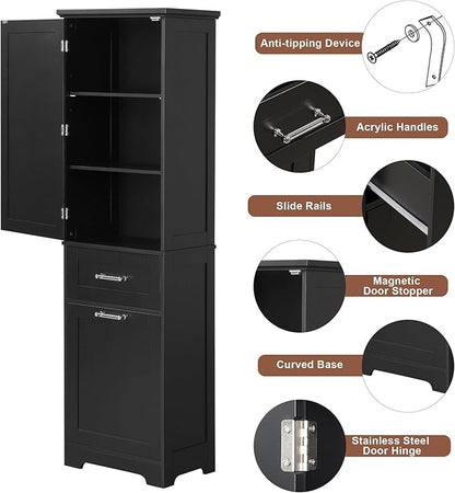Tall Bathroom Storage Cabinet, Freestanding Storage Cabinet with 1 Door, 2 Different Size Drawers for Bathroom Living Room (Black)