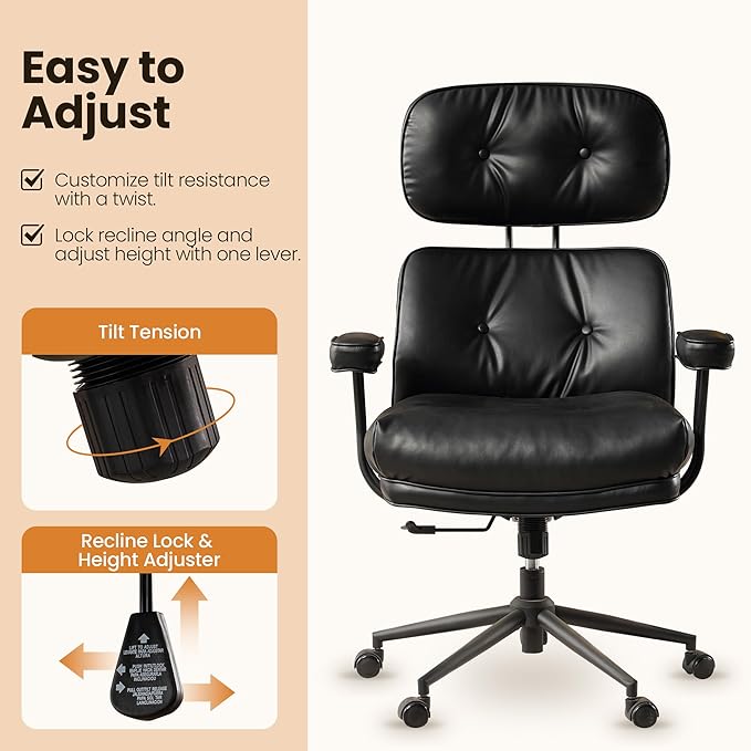 Home Office Desk Chair, Mid-Century Modern Office Chair with Adjustable Lumbar Support, Thickened Cushion Executive Desk Chair with 360 Rolling Swivel for Meeting Game Study Room(Black)