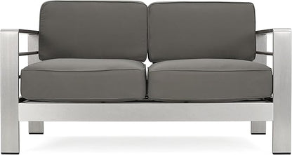 Christopher Knight Home Cape Coral Outdoor Aluminum Chat Set with Fire Table, Khaki / Light Grey