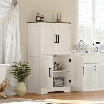 Treocho Bathroom Floor Cabinet, Farmhouse Bathroom Storage Cabinet with Doors and Adjustable Shelves, Freestanding Kitchen Pantry Cabinet, Cupboard for Living Room, Dining Room, White