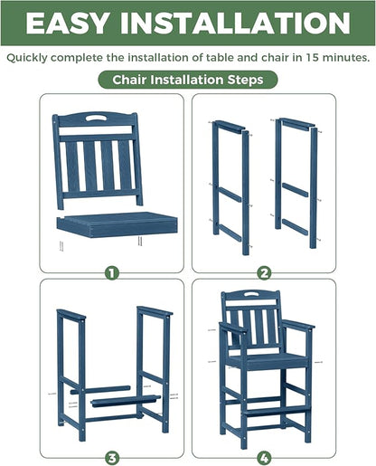 HDPE Outdoor Patio Tall Bar Chair, All-Weather Bar Height Balcony Adirondack Stools for Bistro, Garden, Backyard, Deck | Navy Blue