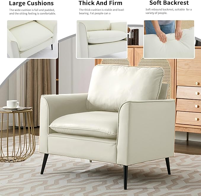 YISHENG Mid-Century Modern Living Room Accent Chairs Set of 2 - Oversized Faux Leather Armchairs with Removable Cushions & Metal Legs, Comfortable Sofas for Office/Lounge/Bedroom/Reception,Cream