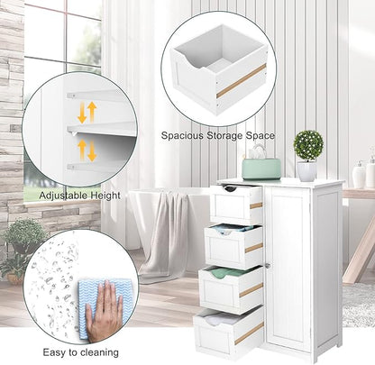 VINGLI White Bathroom Storage Cabinet with 4 Drawers 1 Cupboard Side Storage with Adjustable Shelf, Wood Bathroom Floor Cabinet with Drawers Also for Kitchen, Entryway, Bedroom, 22" Wx11.8 Dx32.3 H