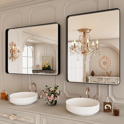Black Bathroom Vanity Mirror 24x30 Inch,Rounded Rectangle Matte Black Mirror for Bathroom Wall,Tempered Glass,Horizontal or Vertical