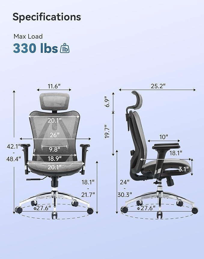 SIHOO M57 Ergonomic Office Chair with 3 Way Armrests Lumbar Support and Adjustable Headrest High Back Tilt Function Grey