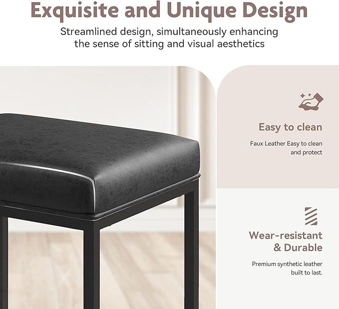 ALPHA HOME 24 Inch Counter Height Bar Stools Set of 3, Upholstered Bar Stools for Kitchen Island, Counter Stools with Faux Leather Cushion and Sturdy Metal Frame, Modern Barstools, Black